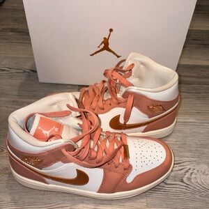 Jordan Women's Sneakers in Pink and White with Gold Accents